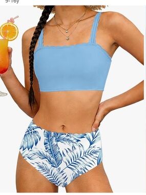 Light Blue Scallop Tank Bikini Top with Blue Palm-Print High-Waist Bottom